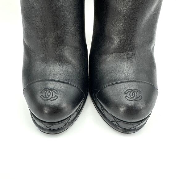 CHANEL Black Leather CC Cap Toe Quilter Platform Heel Boots IT 36 - Picture 7 of 15